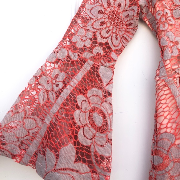 NEW Orange/Gray Floral Lace Bell Sleeve Dress - Picture 5 of 7